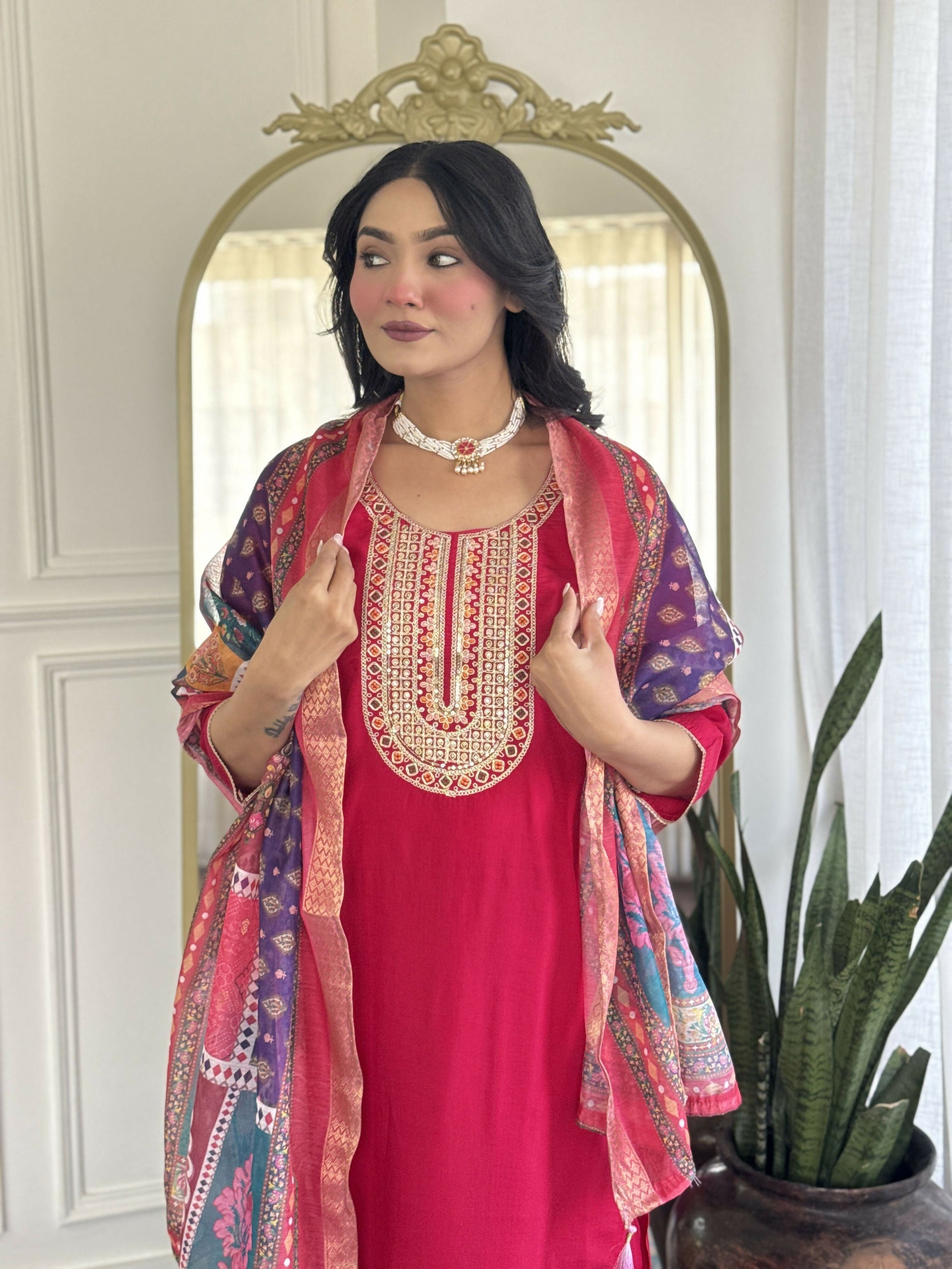 The52 Rani Gorgeous Embroidered Chanderi Silk Fabric Straight Kurta Pant with Dupatta Set - Swadesiicart