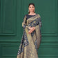 Blue Tussar Silk Jacquard Abstract Digital Print Saree with Unstitched Blouse - Mohira