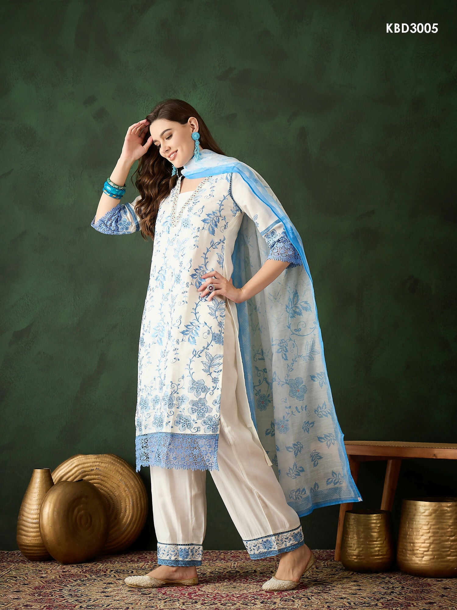 Blue & White Roman Silk Embroidered Kurta With Trouser & Dupatta - Bhumi