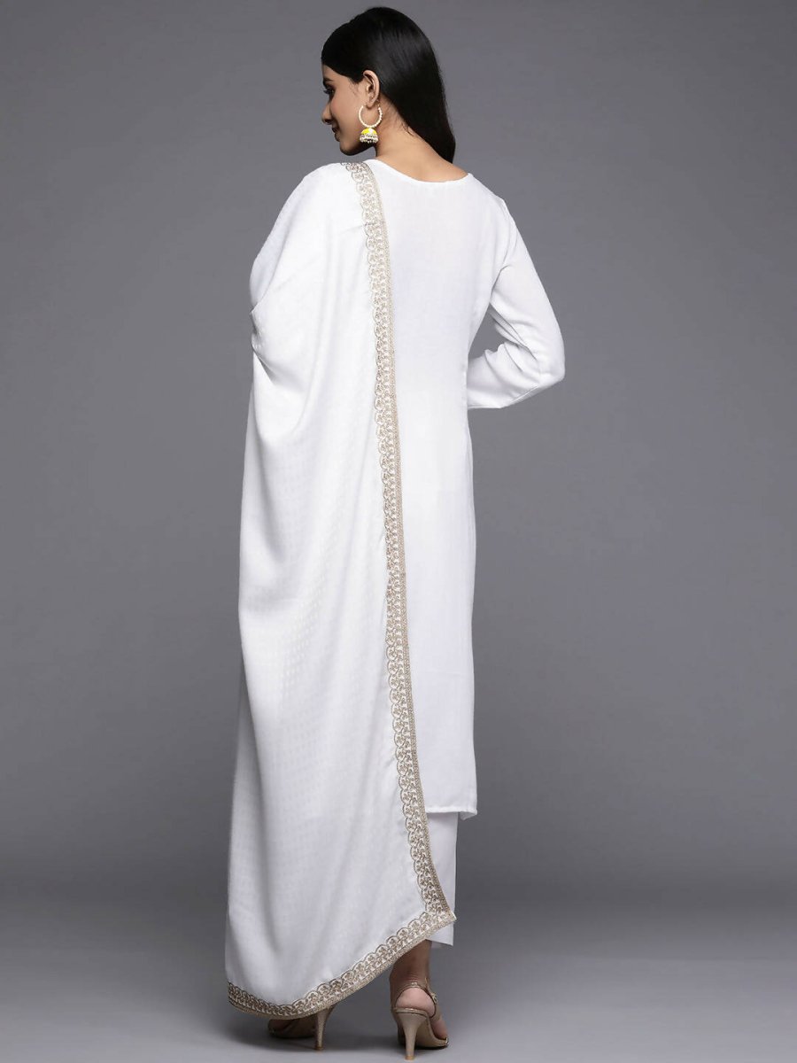 Ahalyaa Women White Ethnic Motifs Embroidered Aari Work Pashmina Kurta with Salwar & With Dupatta | Swadesiicart