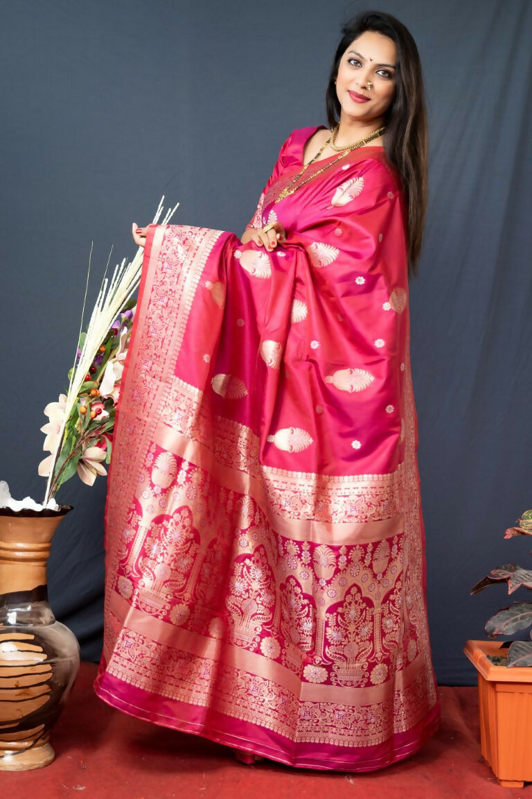 Jyoti Fashion Women's Gajri Red Paithani Silk Zari Woven Saree with Blouse | Swadesiicart