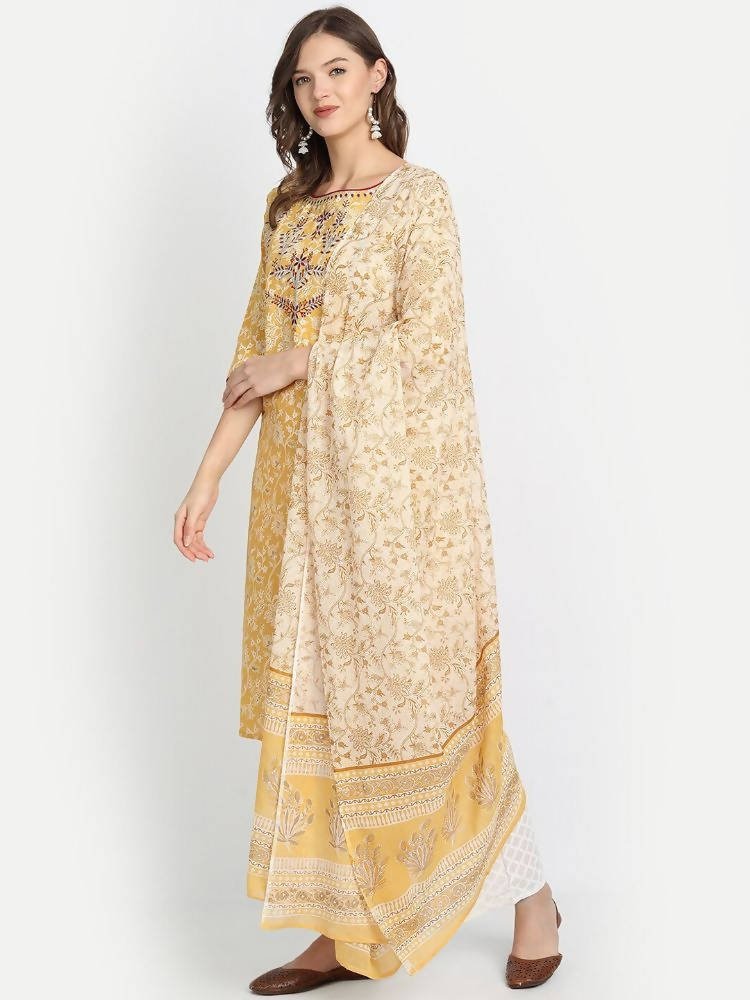 Anubhutee Yellow Ethnic Motifs Printed Panelled Pure Cotton Kurta with Salwar & With Dupatta | Swadesiicart