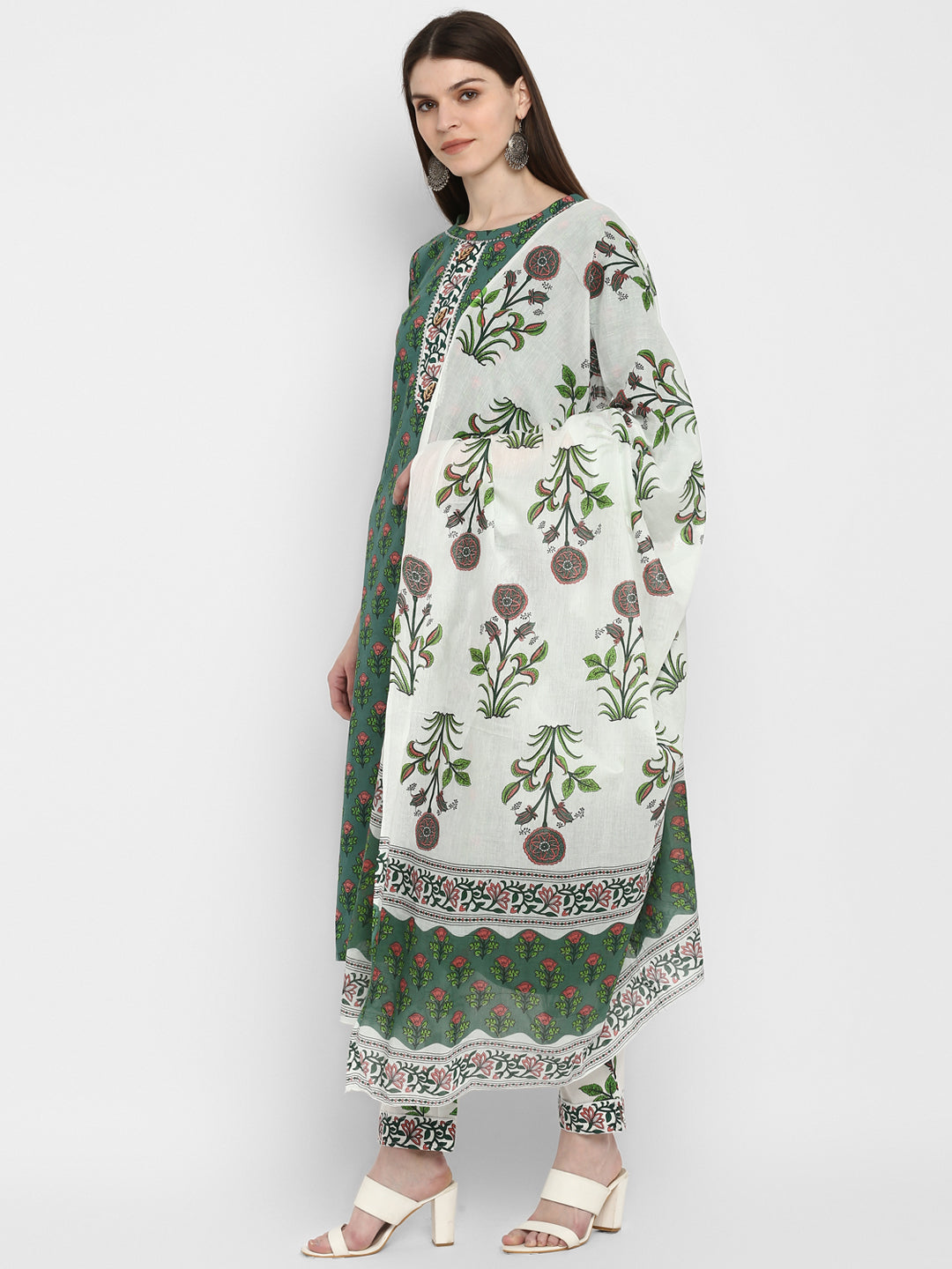 NOZ2TOZ Women's Block Print Green Kurta & Pant With Dupatta Set- (3pcs Set) - Swadesiicart