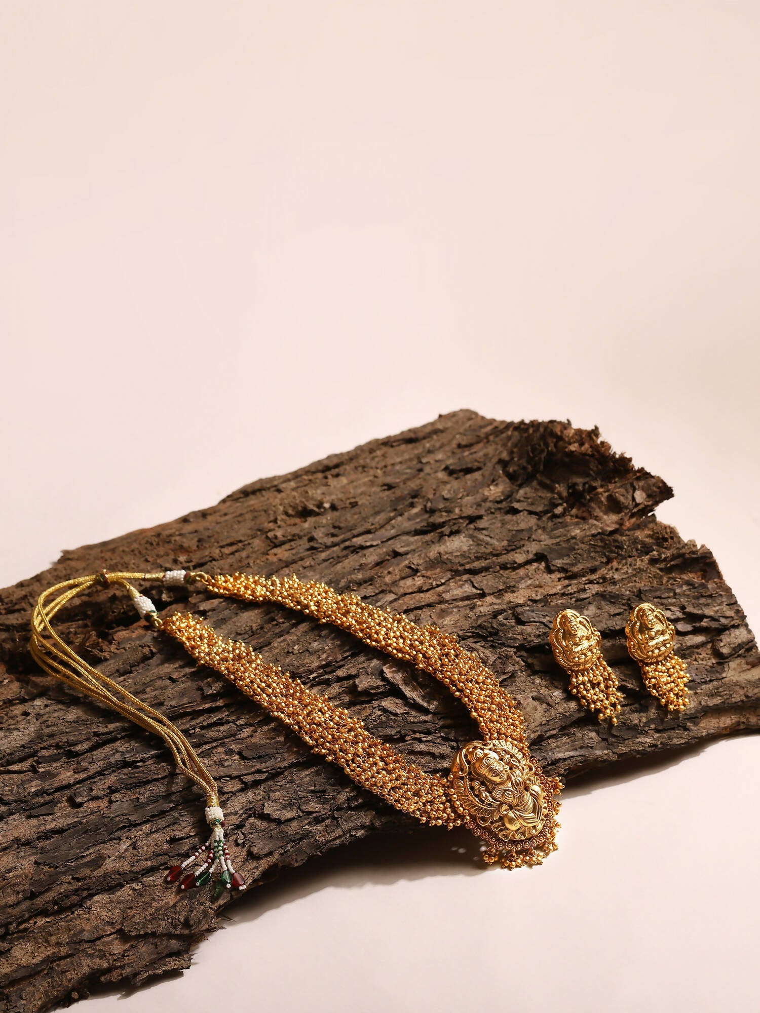 Gold-Polished Pearls Beaded Temple Jewellery Set - Ruby Raang - Swadesiicart