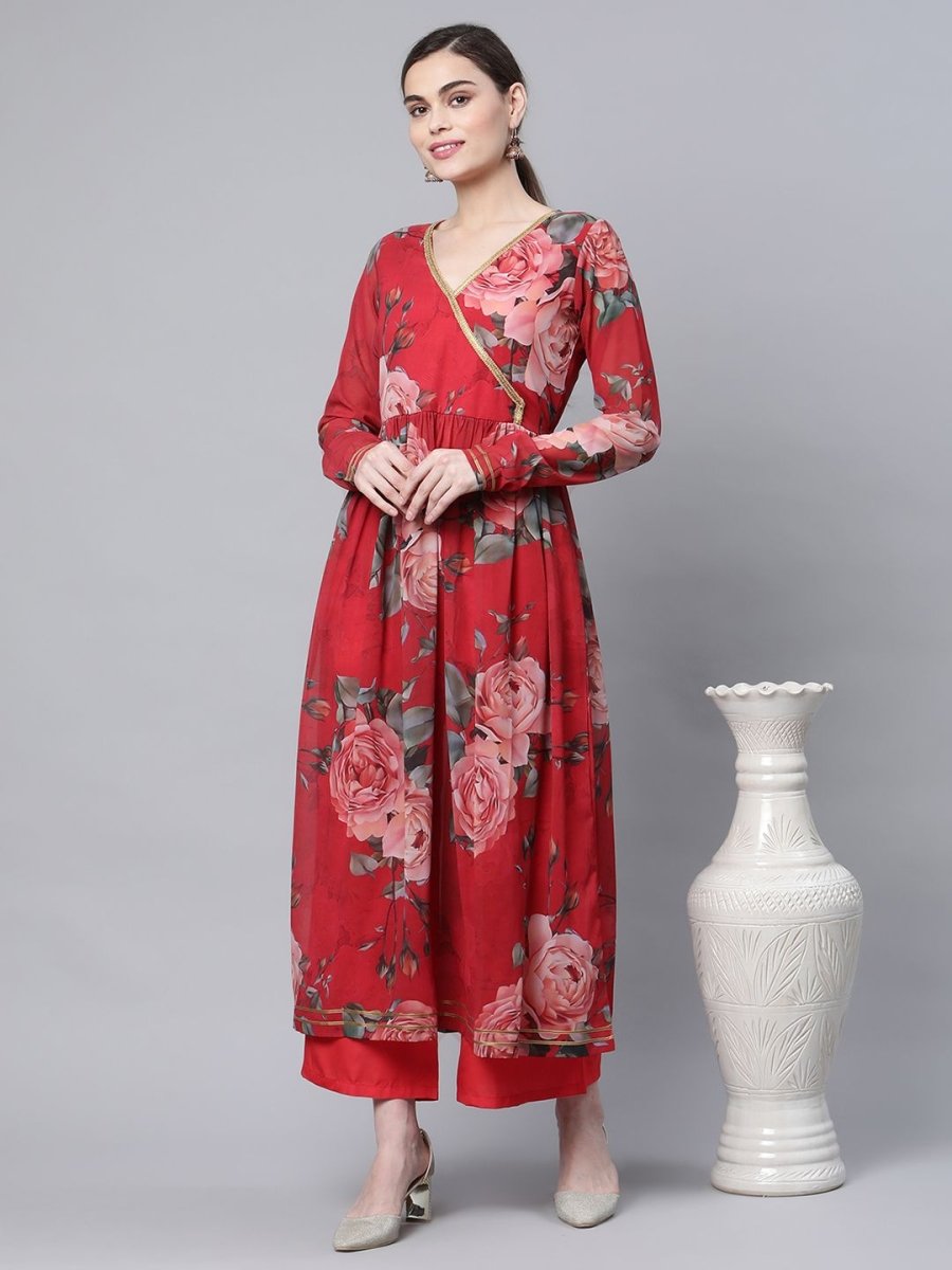 Ahalyaa Women Red Georgette Digital Floral Printed Kurta Palazzo Set - Ahalyaa