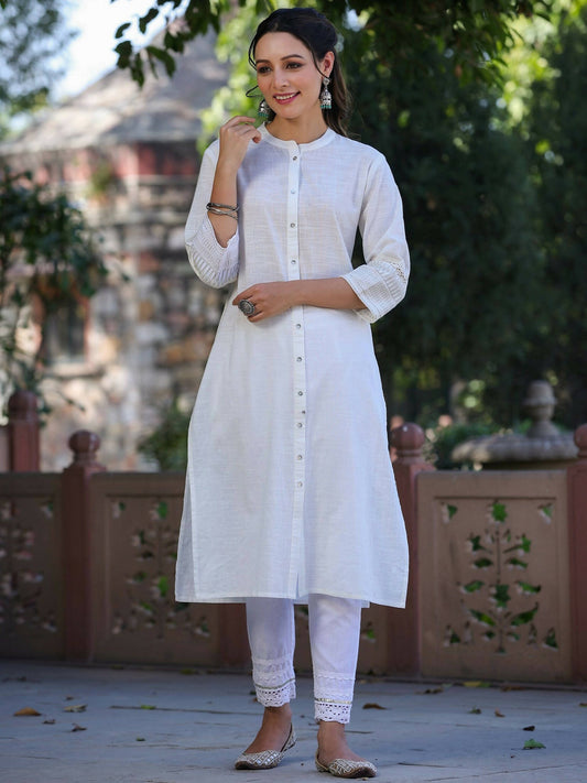 Juniper Women's White Cotton Slub Embroidered Straight Kurta | Swadesiicart