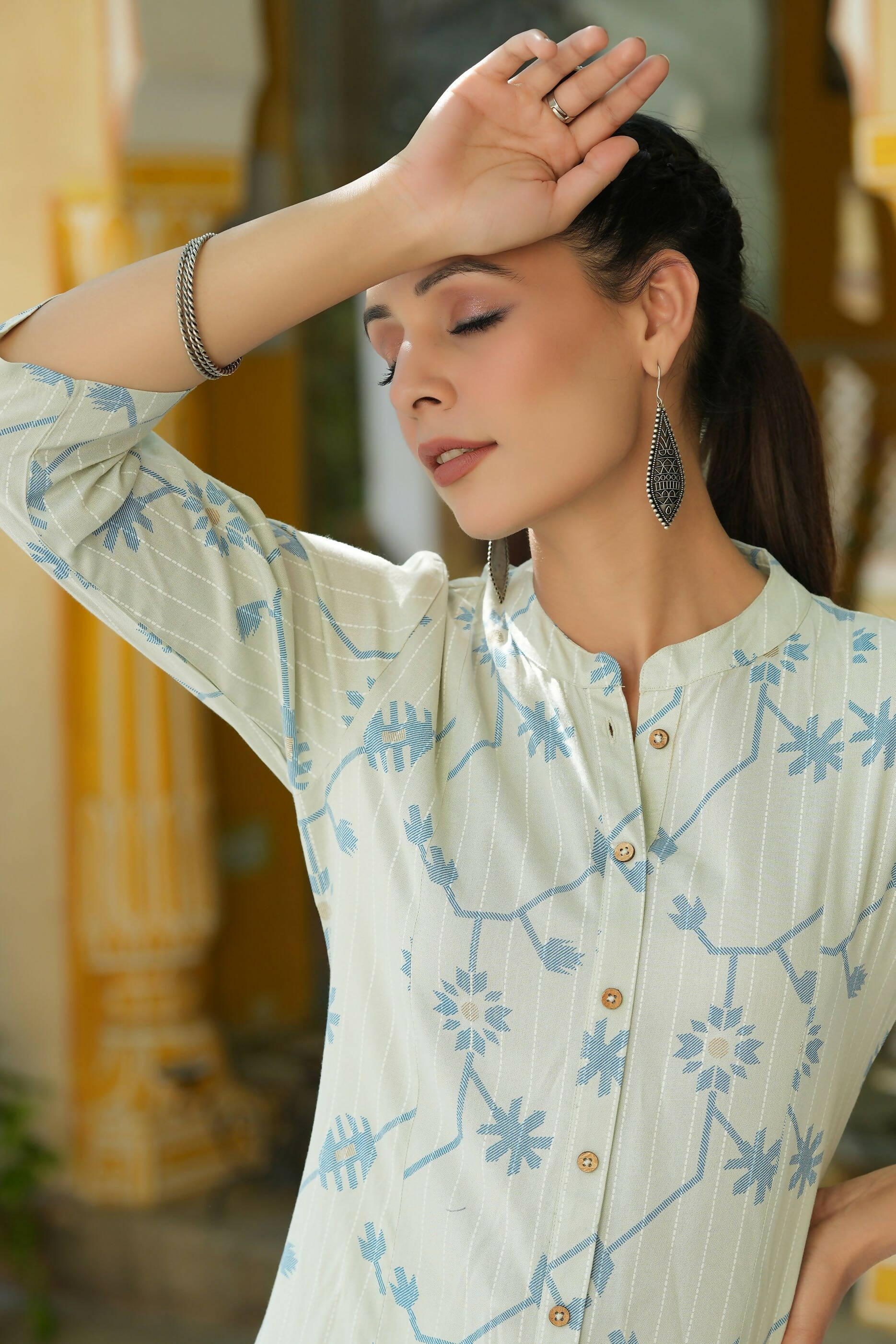 Juniper Women's Sky Blue Rayon Staple Printed A-Line Kurta | Swadesiicart