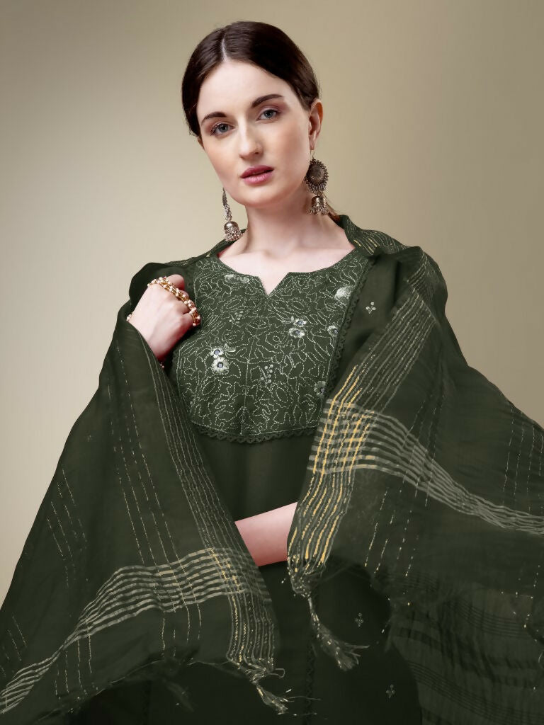 Jyoti Fashion Women's Dark Green Cotton Blend Embroidery & Fancy Lace work Kurta with Trouser & Dupatta | Swadesiicart