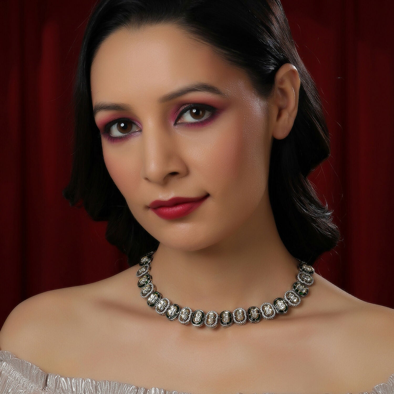 Mufli (peanut) Kundan Neckpiece with Meenakari and American Diamonds (Silver) - Ruby Raang | Swadesiicart