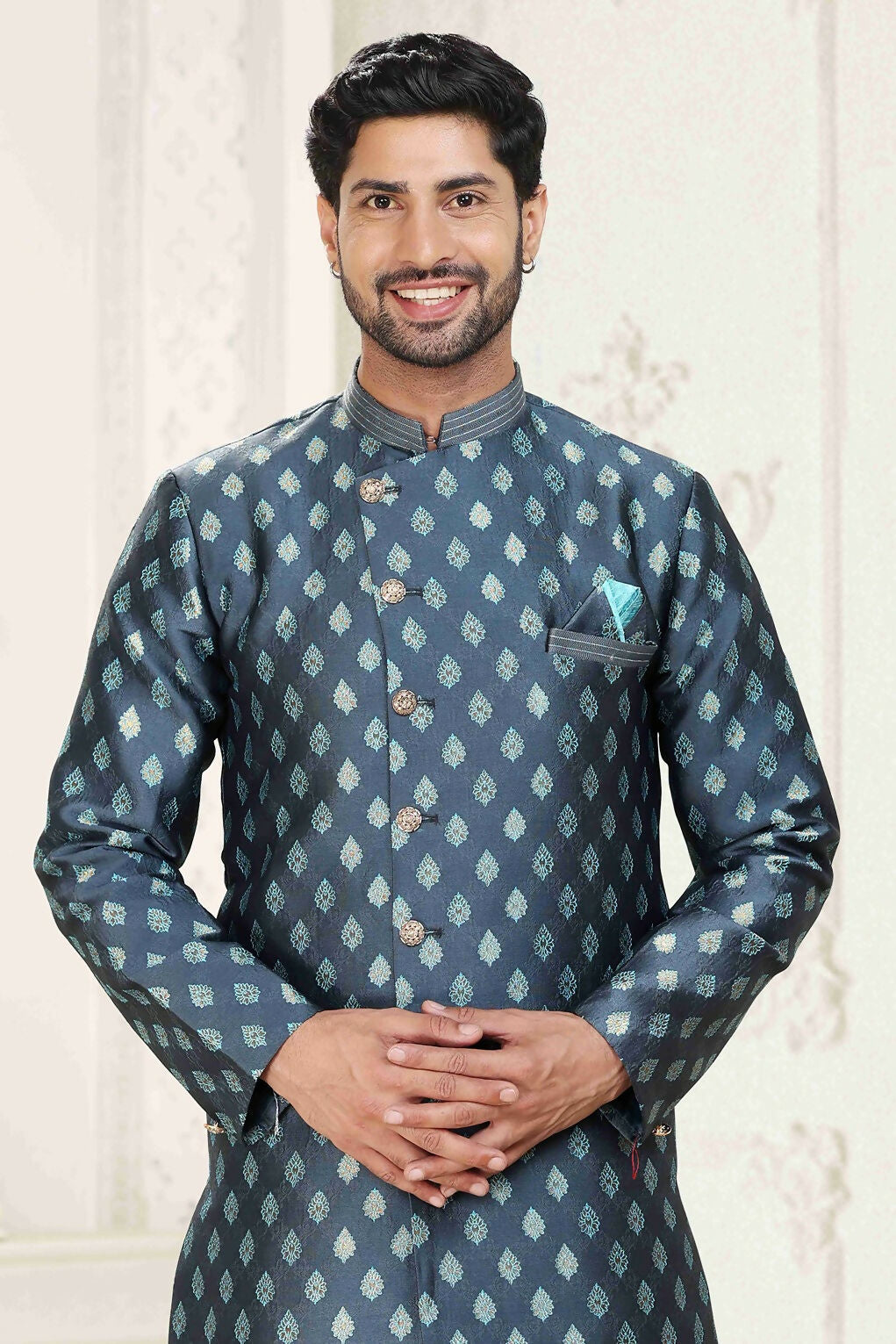 Raivat Ethnic Banarasi Jacquard Embroidery Semi Indo Western Sherwani In Grey Blue Colour | Swadesiicart
