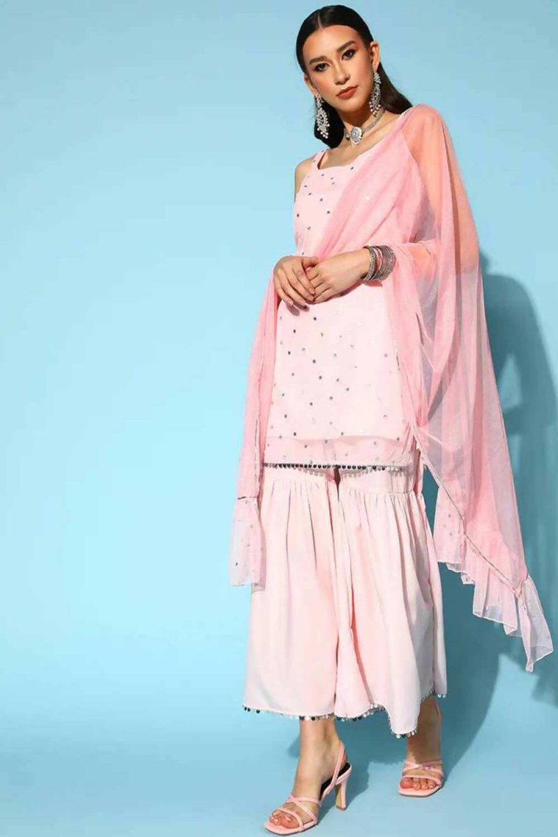 Ahalyaa Women Pink Colour Crepe Silver Foil Printed Kurta Sharara Set | Swadesiicart