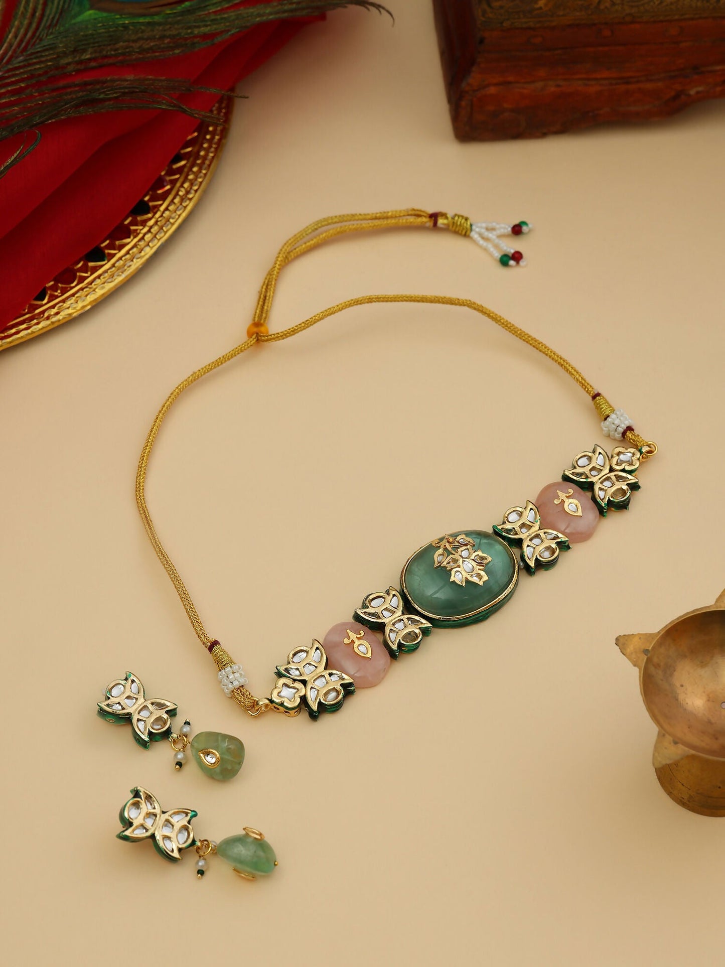 Ruby Raang 22k Gold Polished Kundan And Mint Colored Stonework Choker With Matching Earrings | Swadesiicart