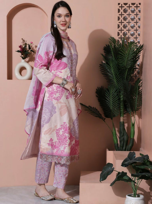 Jyoti Fashion Women's Multicolor Cotton Floral Digital Print & Floral Embroidered Cutwork Border Sequins Work Kurta with Trouser & Dupatta