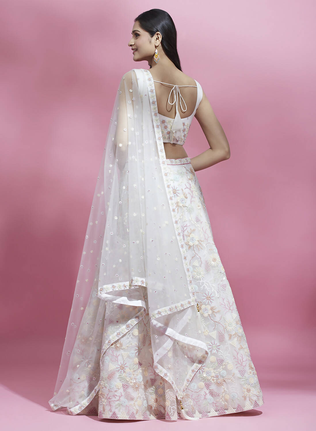 House of Panchhi Cream Net heavy Sequinse embroidery Lehenga choli & Dupatta | Swadesiicart