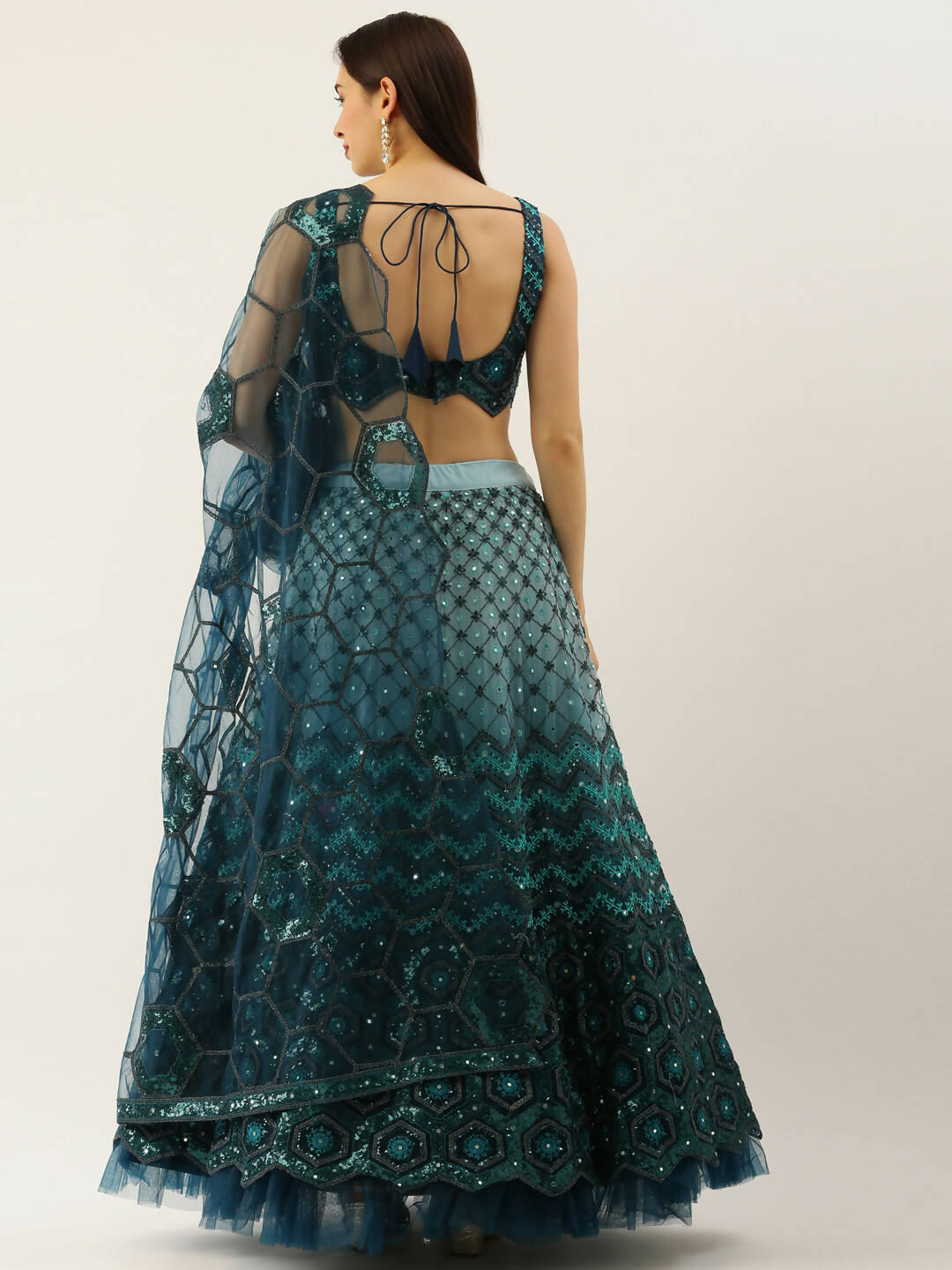House of Panchhi Women Teal Net Embroidered Sequins Lehenga & Blouse with Dupatta | Swadesiicart