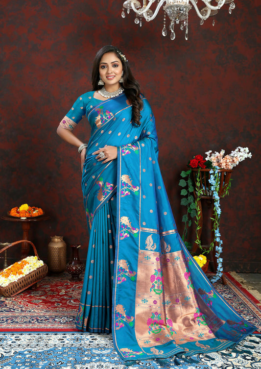 Lorenvalley Fashion Rama Soft Paithani Silk Woven Design Copper Zari Meenakari Weaving Saree - Swadesiicart