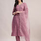 Aavyora Women Lavender Embroidered Chinon Kurta with Straight Pants & Organza Dupatta Set - Swadesiicart
