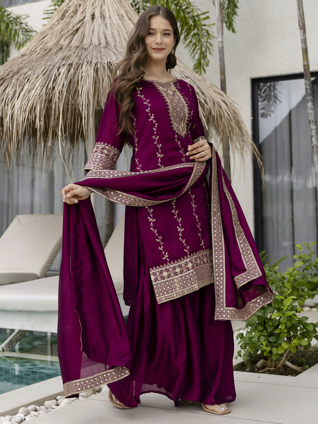 The52 Wine Beautiful Embroidered Vichitra Silk Fabric Straight Kurta, Palazzo and Dupatta Set - Swadesiicart