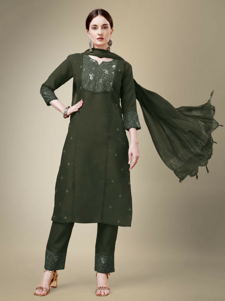 Jyoti Fashion Women's Dark Green Cotton Blend Embroidery & Fancy Lace work Kurta with Trouser & Dupatta | Swadesiicart