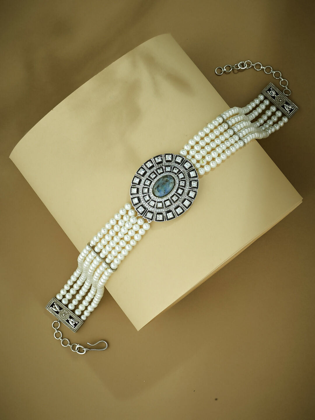 Nuyug Pearl Beaded Semi Precious Labradorite Stone & Enamelled Choker Necklace | Swadesiicart