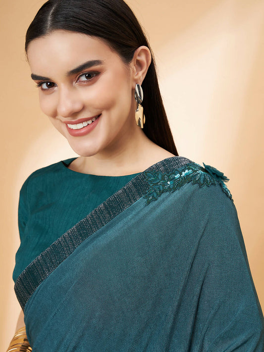 Green Lycra Flock Work, Seuqins Embroidery, Handwork Shoulder Butta Saree - Norita Hit Design - Swadesiicart