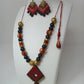 Terracotta Boho Style Diamond Pendant Medium Necklace Set With Hanging Flats-Dark Red