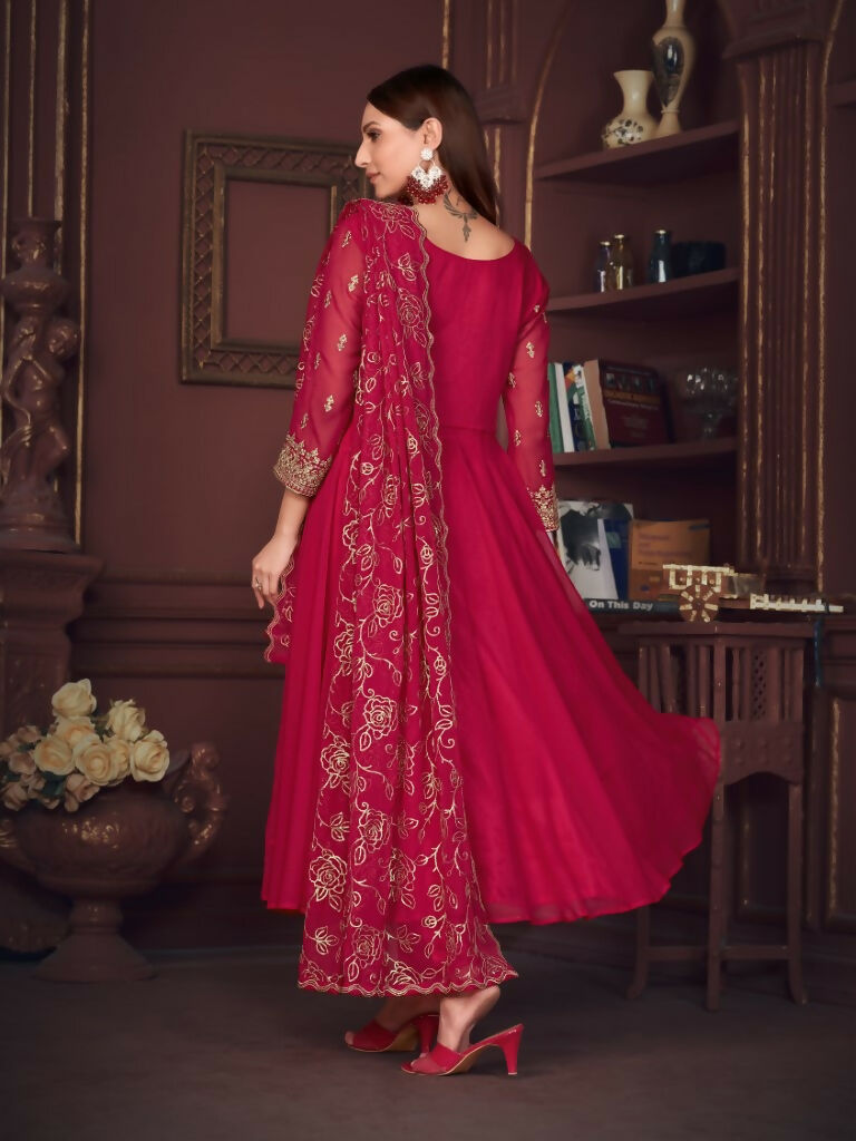Jyoti Fashion Women's Rani Pink Georgette Embroidered Anarkali Kurta Pant Set With Dupatta | Swadesiicart