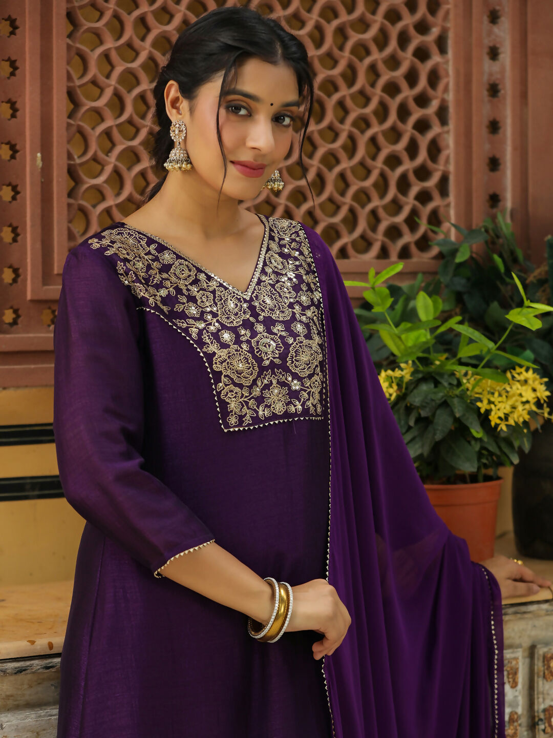 Janasya Purple Silk Blend Yoke Embroidery Kurta,Bottom & Dupatta | Swadesiicart