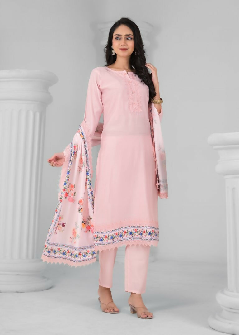 Ethnic Festive Wear Chanderi Viscose Light Peach Stitched Suit With Dupatta - Tanisha | Swadesiicart