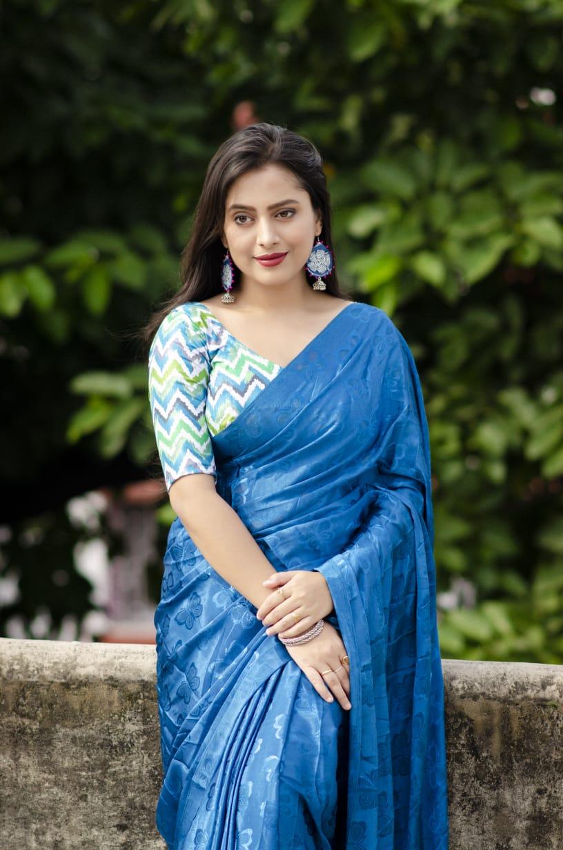 Blue Silk Blend Ethnic Motifs Saree with Unstitched Blouse - Hiral Fashion | Swadesiicart