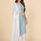 NOZ2TOZ Women's Printed & Hand Work Straight Cotton Sky Blue Kurta Pant With Dupatta (3Pcs Set) - Swadesiicart