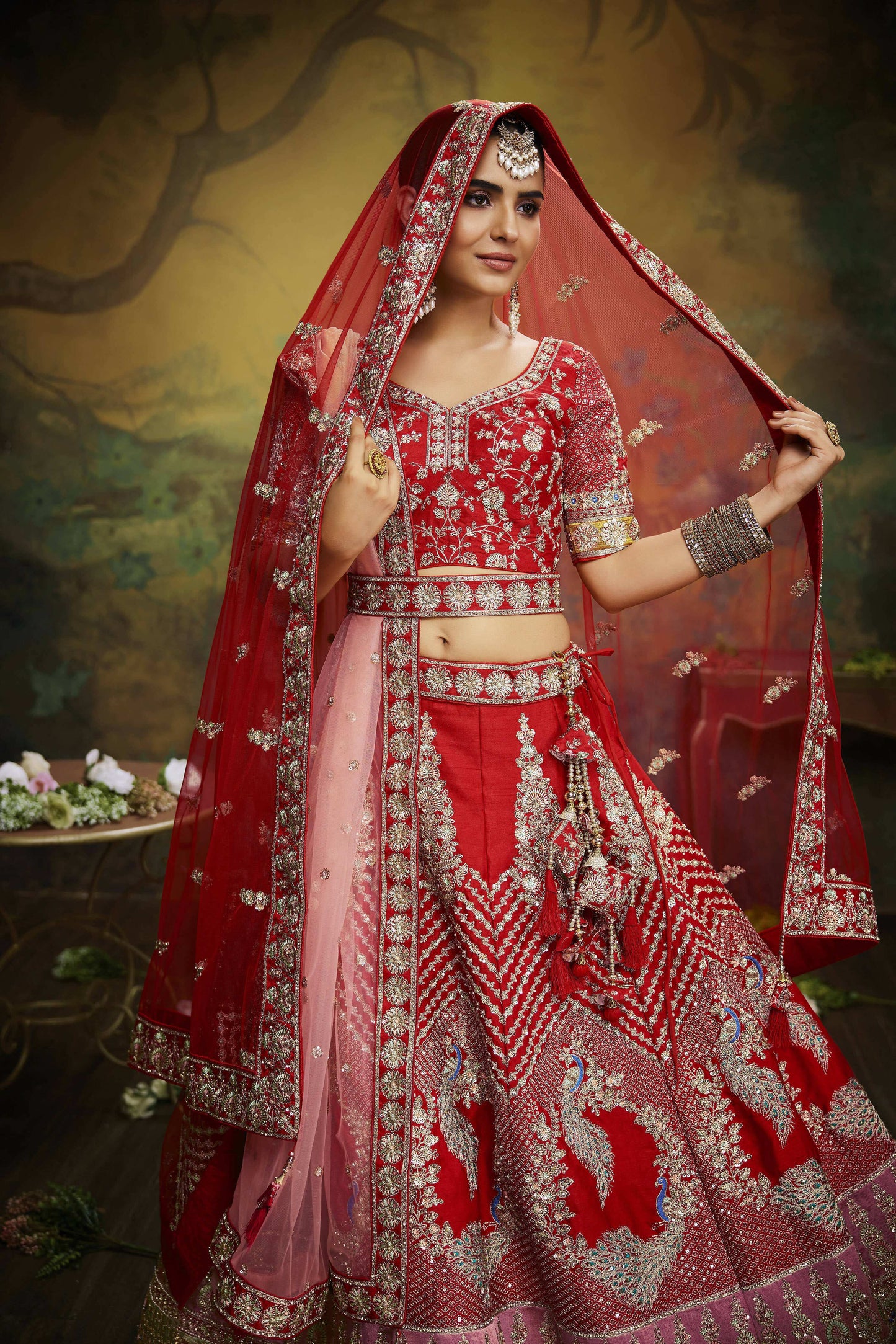 House of Panchhi Red Pure Silk Moti & Zarkan heavy embroidery Lehenga choli & Dupatta | Swadesiicart