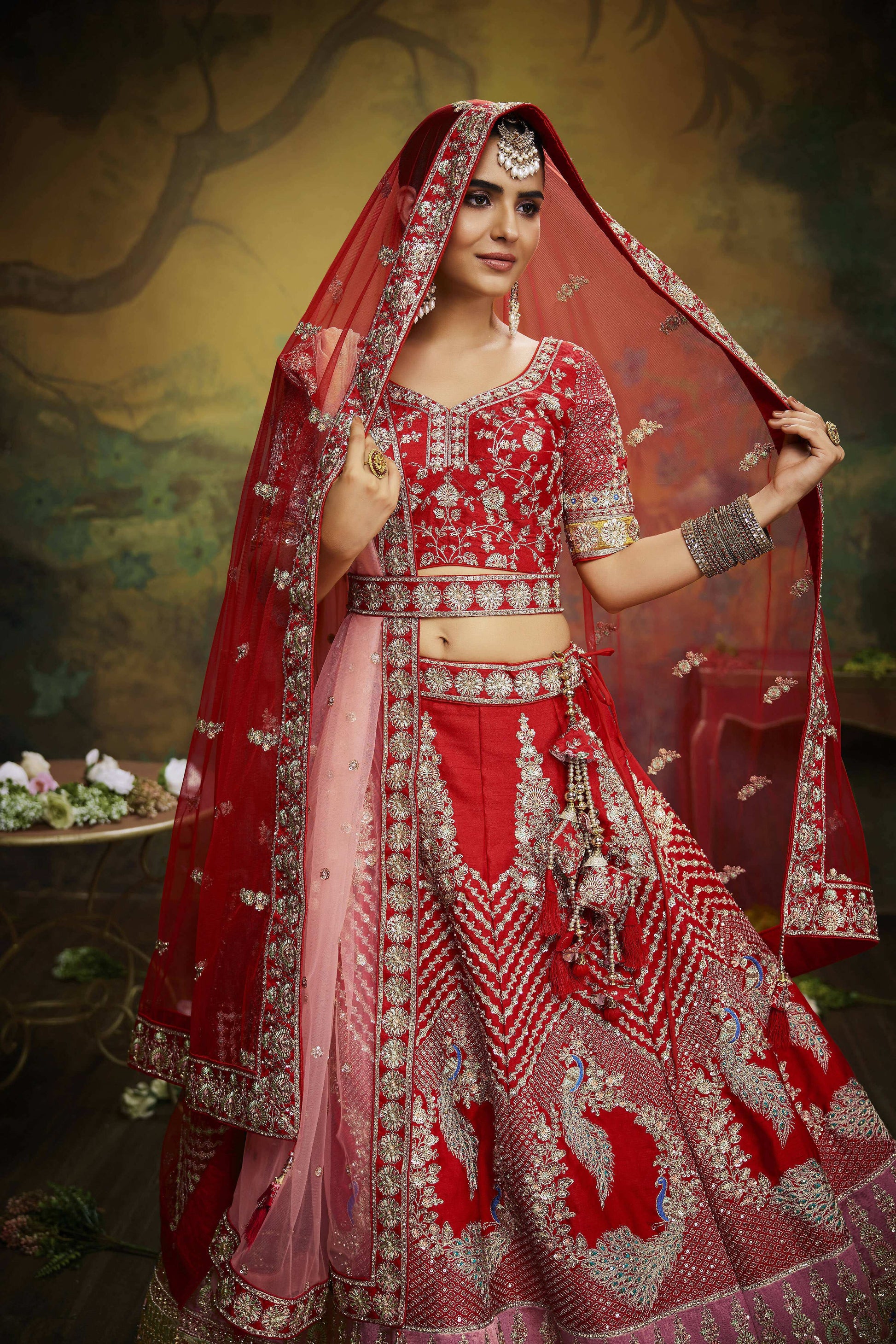 House of Panchhi Red Pure Silk Moti & Zarkan heavy embroidery Lehenga choli & Dupatta | Swadesiicart
