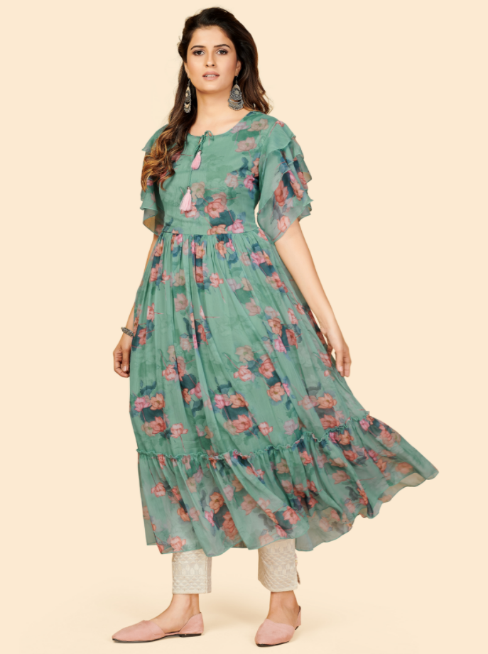 NOZ2TOZ Women's Printed Anarkali Georgette Aqua Green Stitched Kurta (1Pc) - Swadesiicart