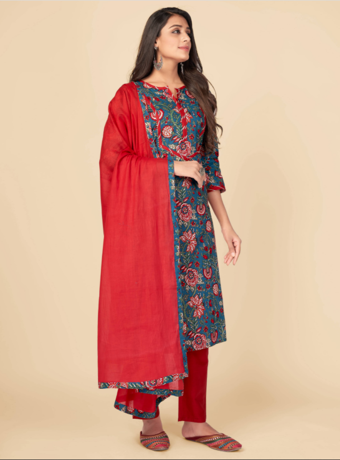 NOZ2TOZ Women's Printed & Gota Patti Work Straight Cotton Blue Kurta Pant With Dupatta (3Pcs Set) - Swadesiicart
