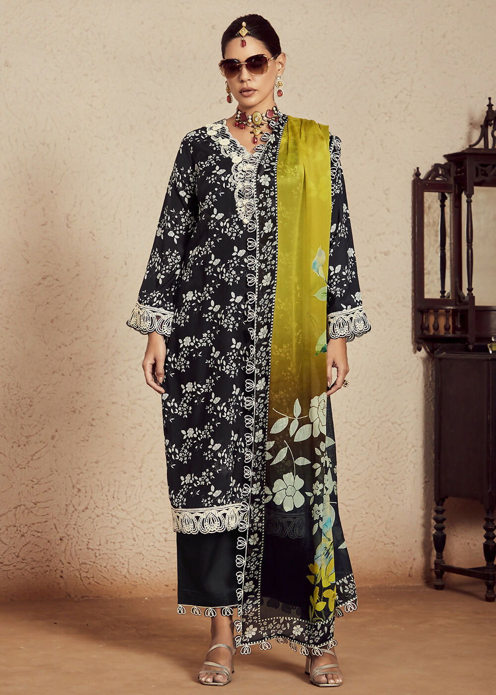 Black Muslin Cotton Digital Print & Embroidered Salwar Suit - Emponline | Swadesiicart