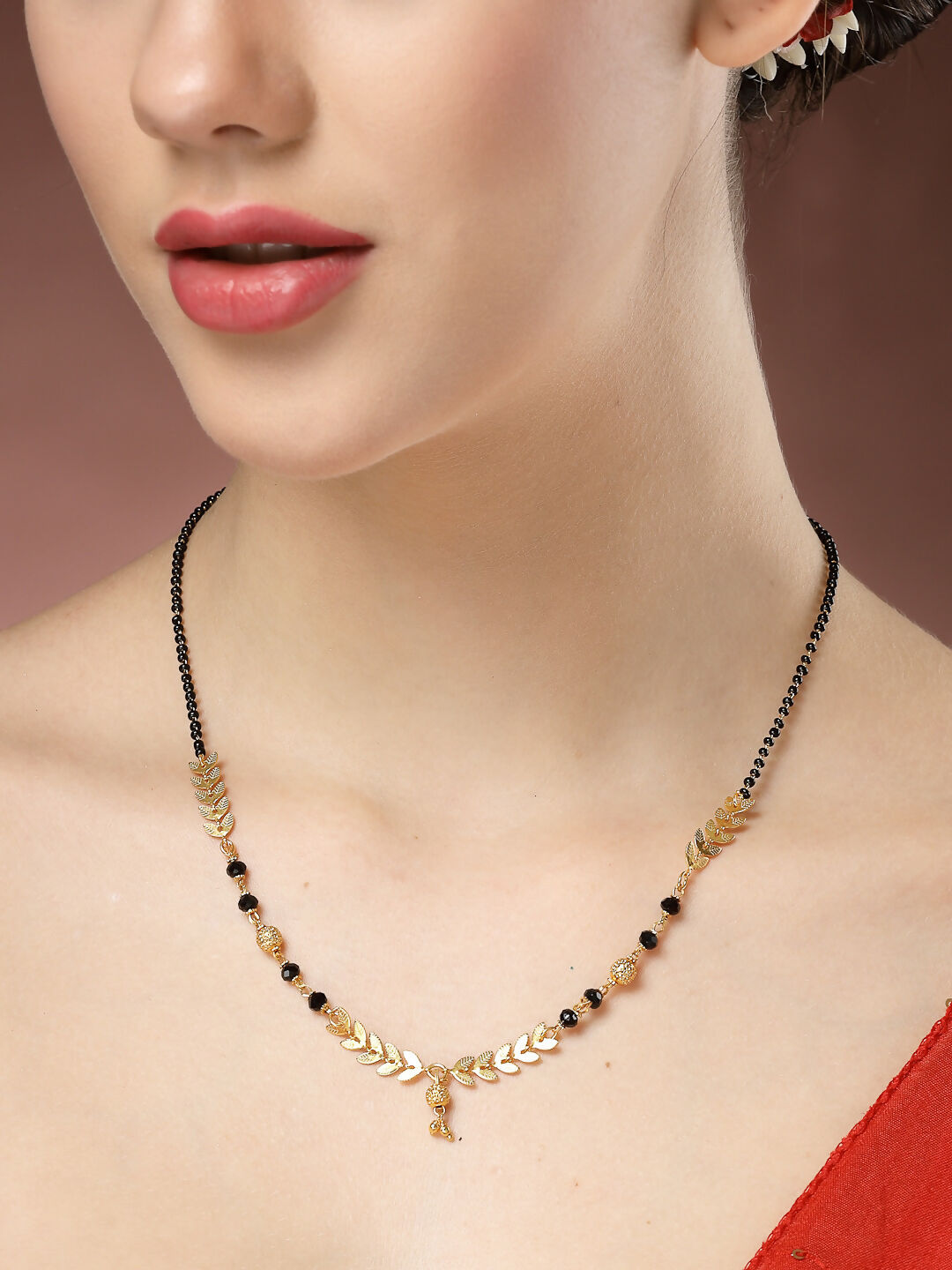 NVR Women's Short Mangalsutra Designs Gold-Polished & Black Beaded Mangalsutra - Swadesiicart