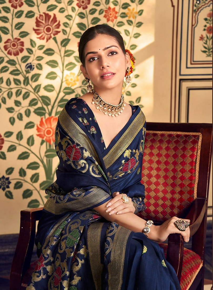 Monjolika Fashion Navy Blue Silk Blend Banarasi Zari Work Classic Saree | Swadesiicart