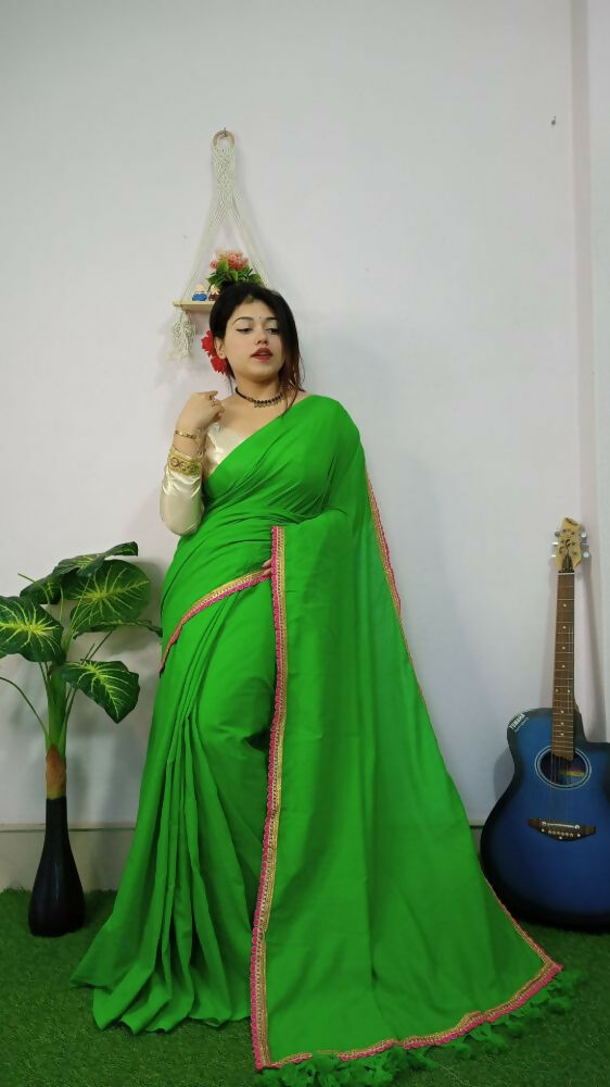 Exclusive Collection Beautiful Khadi Cotton Handloom Saree With Beautiful Zari Border - Parrot Green - Swadesiicart