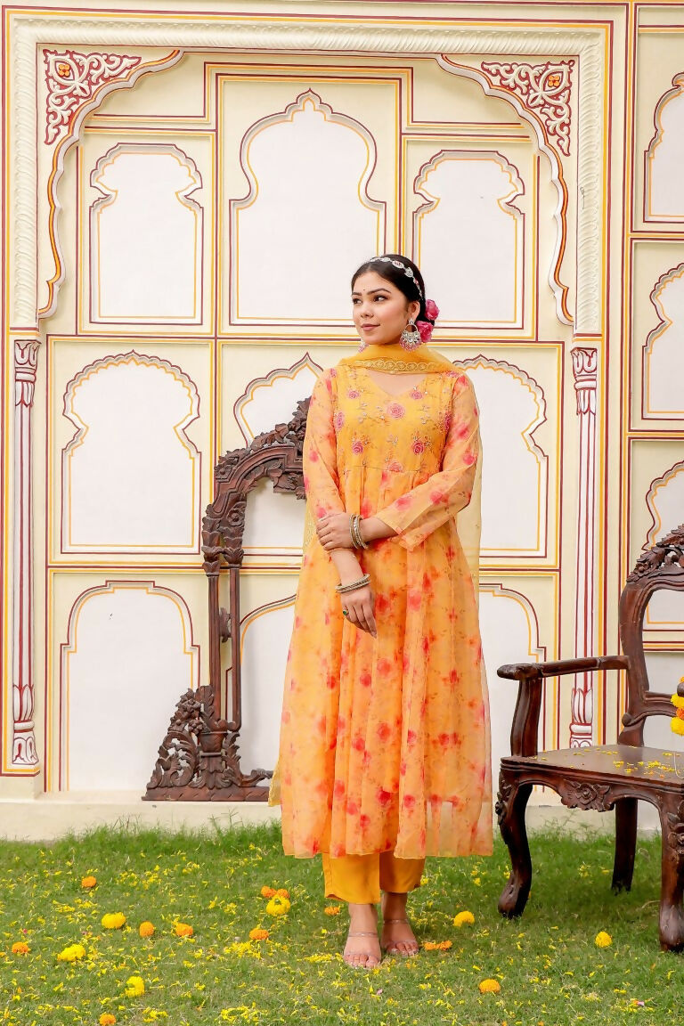 Vaasva Women Yellow Organza Floral Embroidered Anarkali Kurta, Pant & Dupatta set | Swadesiicart