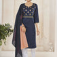 Jyoti Fashion Women's Navy Blue Pure Viscose Weaving Stripe with Embroidery Kurta Set | Swadesiicart