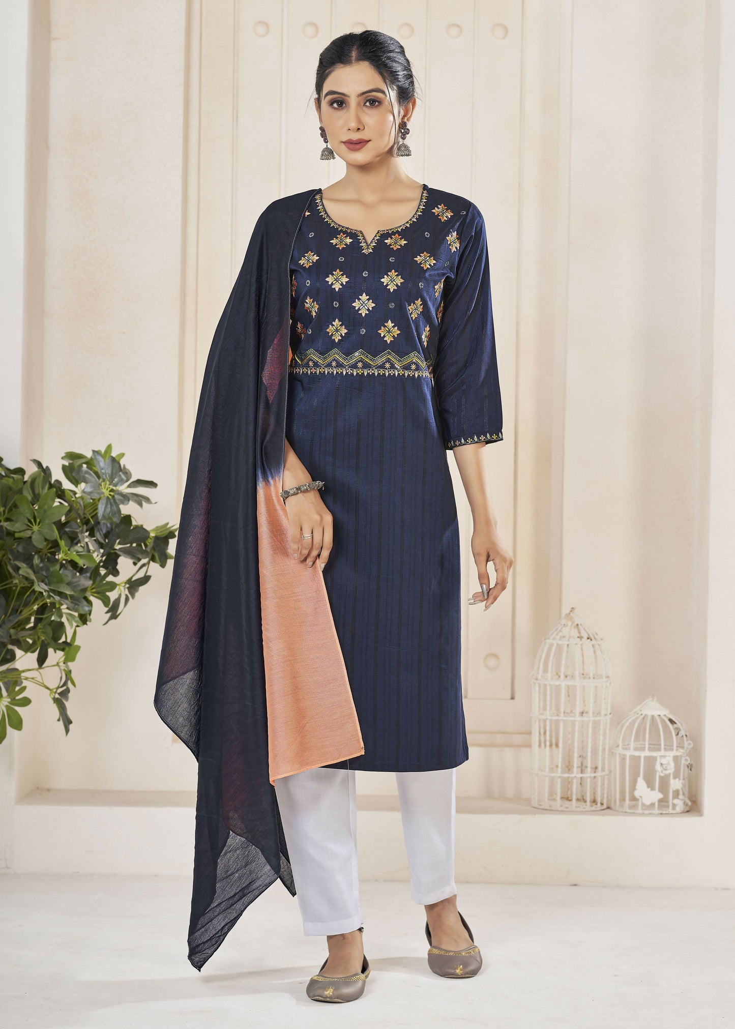 Jyoti Fashion Women's Navy Blue Pure Viscose Weaving Stripe with Embroidery Kurta Set | Swadesiicart