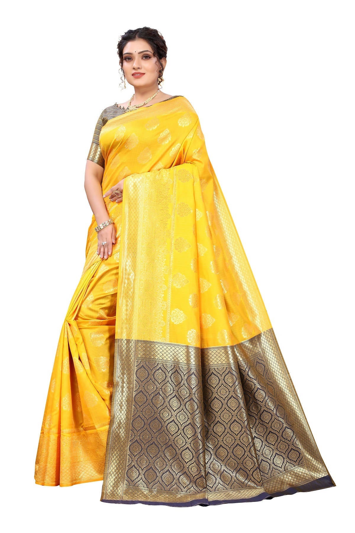 Vamika Ethnic Fire Yellow Weaving Banarasi Jacquard Saree | Swadesiicart