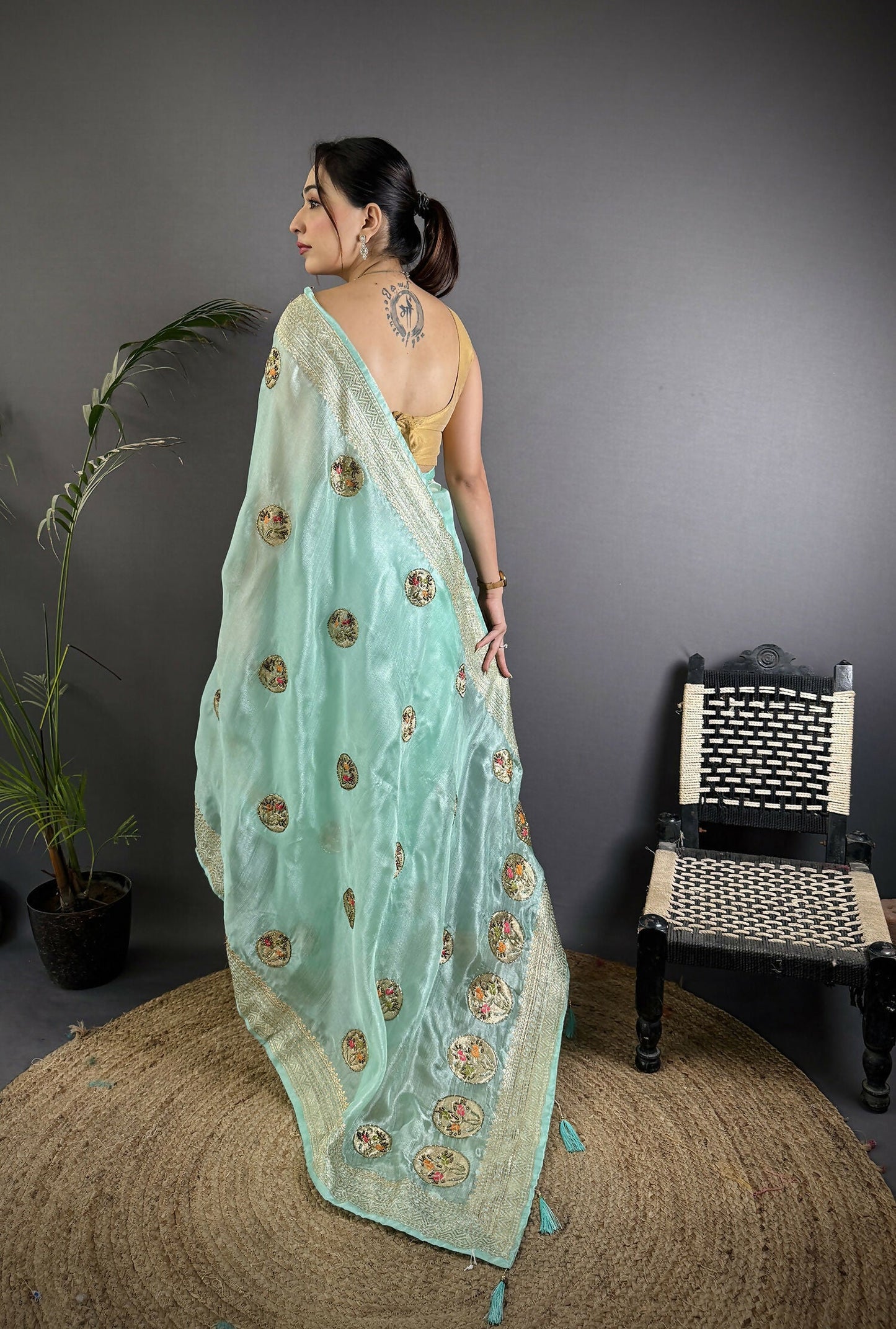 Joban Fashion Sky Blue Handloom Banarasi Organza Silk Khatali Butta Work Saree | Swadesiicart