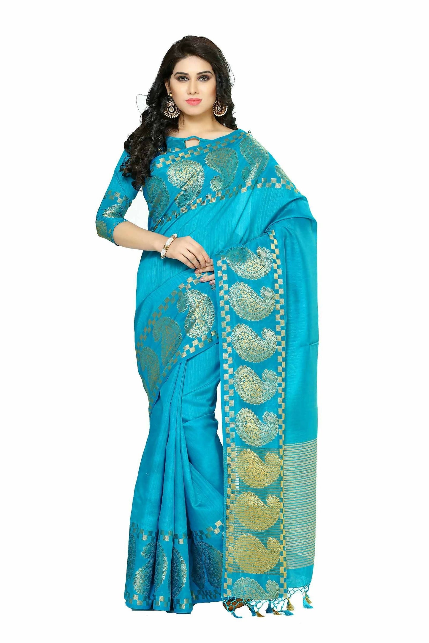 Mimosa Women's Banarasi Tussar Silk Turquoise Blue Saree | Swadesiicart