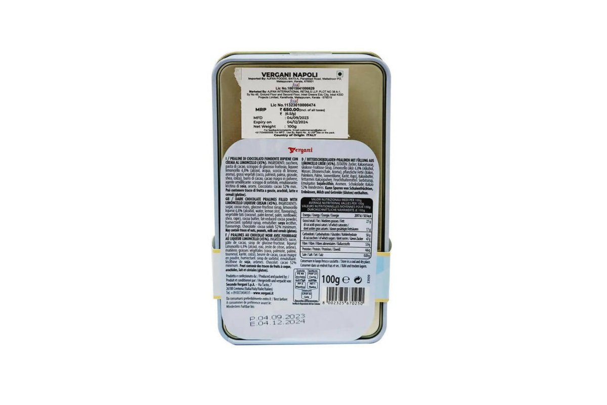 Ajfan Dark Chocolate Limoncello Pralines in Napoli Gift Tin | Swadesiicart