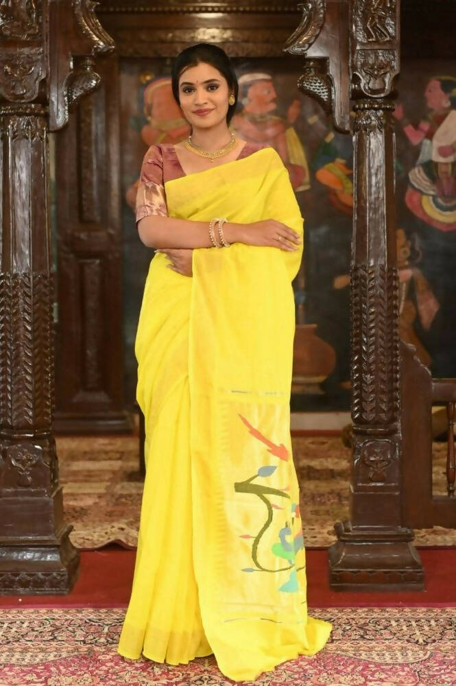 Very Much Indian Handloom Pure Cotton Paithani-Lime Yellow | Swadesiicart