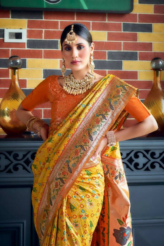 Vishnu Weaves Women's Yellow Paithani Patola Silk Zari Woven Saree with Unstitched Blouse - Swadesiicart