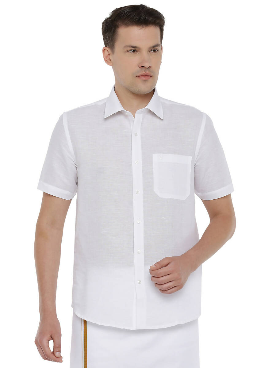Ramraj Cotton Mens Cotton Linen Half Sleeve White Shirt | Swadesiicart