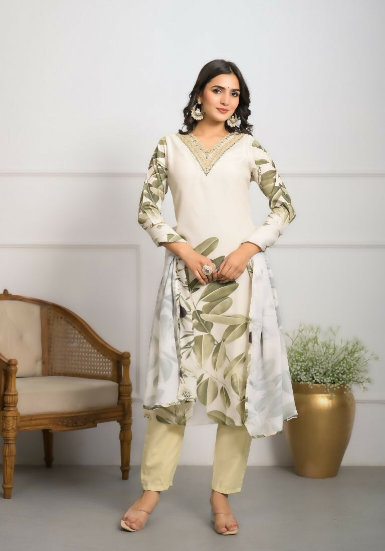 Festive Wear Ethnic White frencs crepe With Cotton Lining Stitched Suit With Dupatta - Tanisha | Swadesiicart